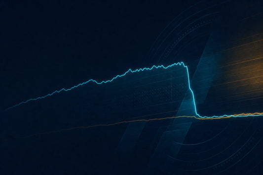 Abstract editorial illustration for the April 2026 SEO news issue: an inflated data trace dropping back to its true baseline beside a calmer second line.