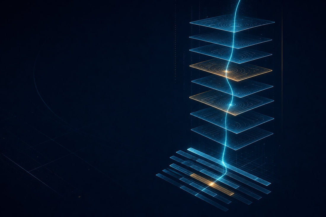 Abstract editorial illustration for SEO news February 2026: a stack of feed cards lifting away from a row of ranked links, with a single bright citation thread running through them.
