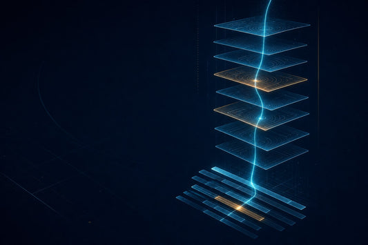 Abstract editorial illustration for SEO news February 2026: a stack of feed cards lifting away from a row of ranked links, with a single bright citation thread running through them.
