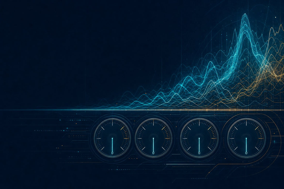 Abstract editorial illustration for SEO news January 2026: still instrument dials at zero in front of turbulent layered signal traces.