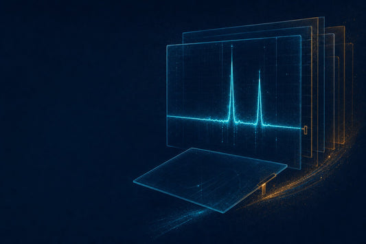 Abstract editorial illustration for SEO news March 2026: two sharp spikes in an otherwise flat telemetry trace, with one translucent panel drifting away from the layered stack.