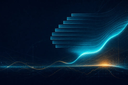Abstract editorial illustration for SEO news May 2026, showing a stack of ranked bars dissolving into a single glowing generative surface above faint telemetry traces.