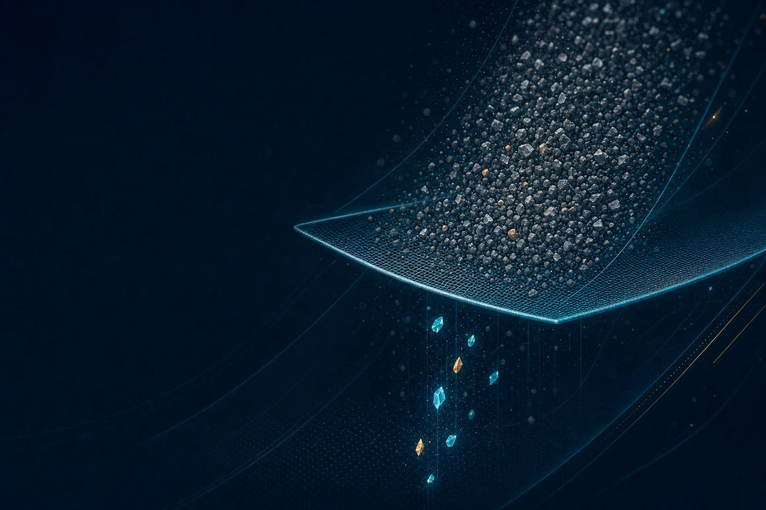 Abstract illustration of a layered filter sifting a dense particle stream, letting only a few bright fragments through, representing Google's October 2026 quality crackdown.